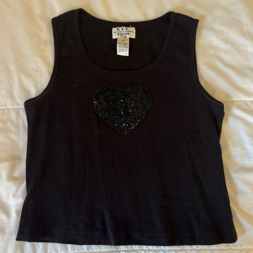 New York Laundry Black Stretch Tank Top Petite M Beaded Heart